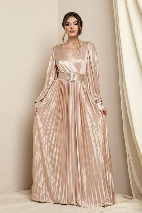 Champagne Surplice V Neck Satin Dress With Belt