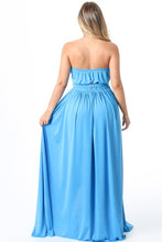 Blue Solid Pattern Strapless Tube Maxi Dress With Belted And Slit.