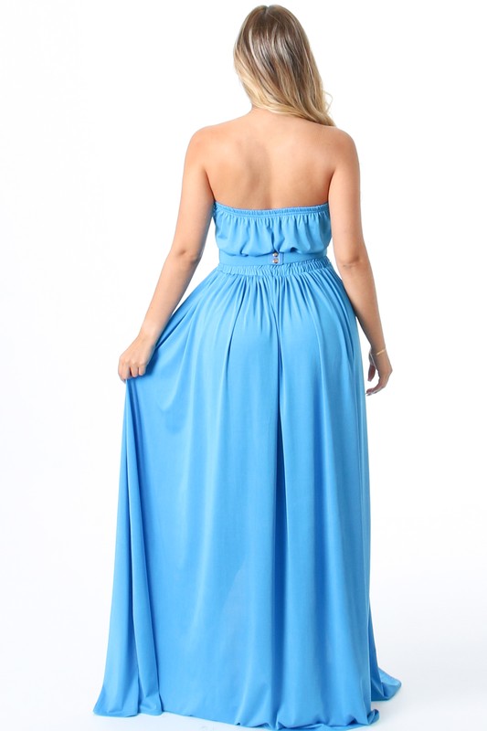 Blue Solid Pattern Strapless Tube Maxi Dress With Belted And Slit. Aquarius Brand Blue Solid Pattern Strapless Tube Maxi Dress With Belted And Slit. Aquarius Brand