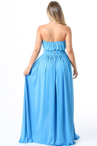 Blue Solid Pattern Strapless Tube Maxi Dress With Belted And Slit.