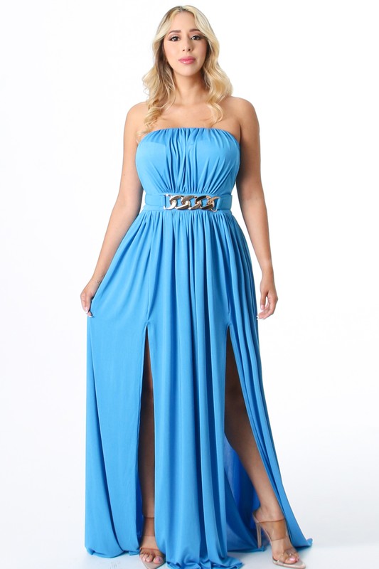 Blue Solid Pattern Strapless Tube Maxi Dress With Belted And Slit. Aquarius Brand Blue Solid Pattern Strapless Tube Maxi Dress With Belted And Slit. Aquarius Brand