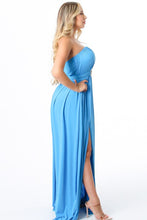 Blue Solid Pattern Strapless Tube Maxi Dress With Belted And Slit.
