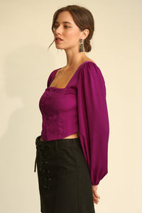 Magenta Satin Square Neck Hook and Eye Crop Top