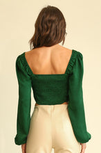 Green Satin Square Neck Hook and Eye Crop Top