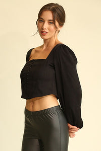 Black Satin Square Neck Hook and Eye Crop Top