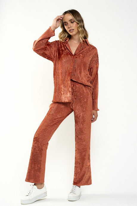 Rust Velvet Pleated Collar Shirts& Wide Leg Pants Set
