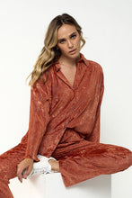 Rust Velvet Pleated Collar Shirts& Wide Leg Pants Set