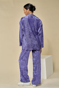 Purple Velvet Pleated Collar Shirts& Wide Leg Pants Set