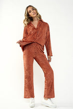 Rust Velvet Pleated Collar Shirts& Wide Leg Pants Set
