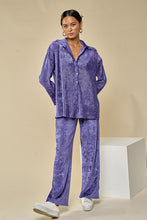 Purple Velvet Pleated Collar Shirts& Wide Leg Pants Set
