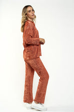 Rust Velvet Pleated Collar Shirts& Wide Leg Pants Set