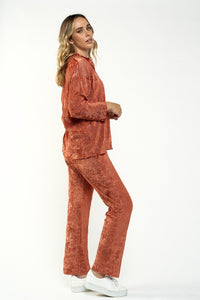 Rust Velvet Pleated Collar Shirts& Wide Leg Pants Set