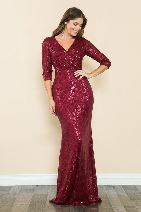 Burgundy Sleeve Wrap Style V-Neck Sequin Formal Dress