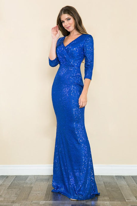 Royal Blue Sleeve Wrap Style V-Neck Sequin Formal Dress