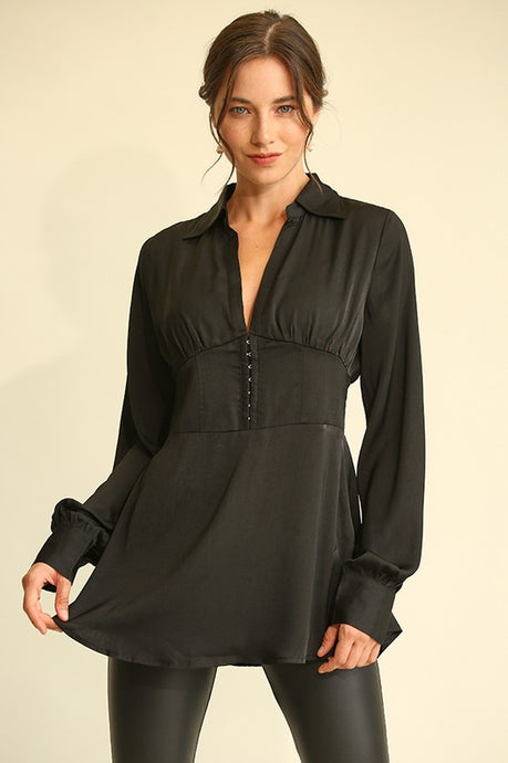 Black Satin Deel and Plunge Tunic Top