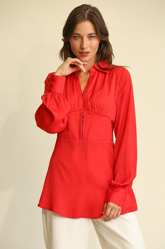 Red Satin Deel and Plunge Tunic Top