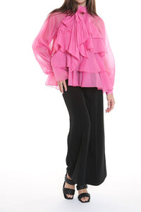 Fuchsia Ruffle & Ribbon Mesh Top