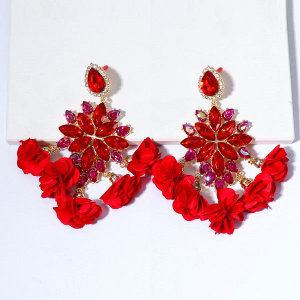 Floral Rhinestone Tassel Earrings