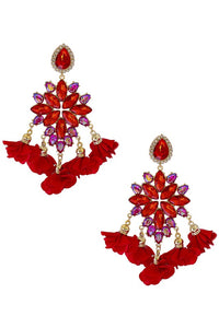 Floral Rhinestone Tassel Earrings