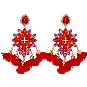 Floral Rhinestone Tassel Earrings
