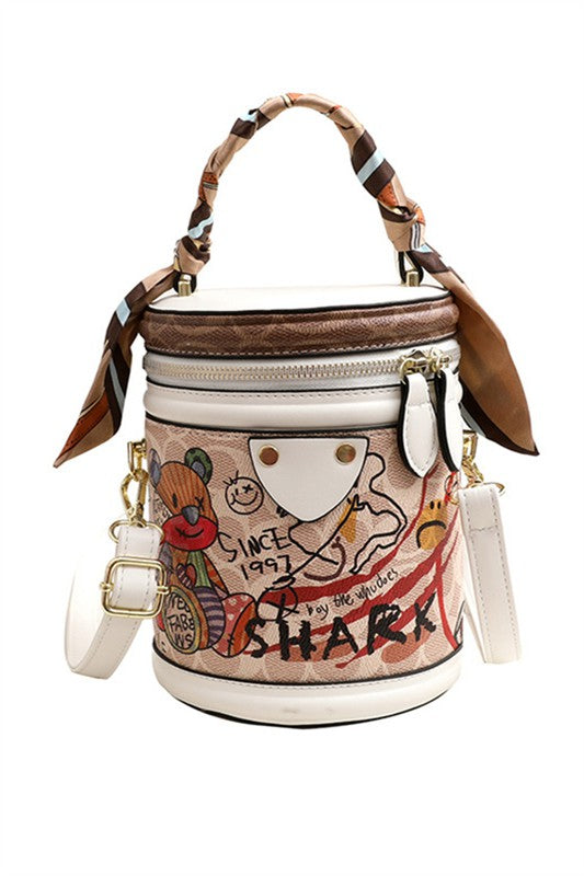 White PU Printed Bucket Bags