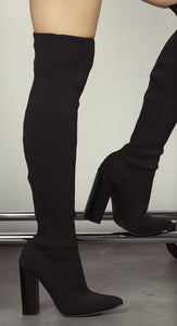 Black Womens Over The Knee High Sock Chunky Heel Boots