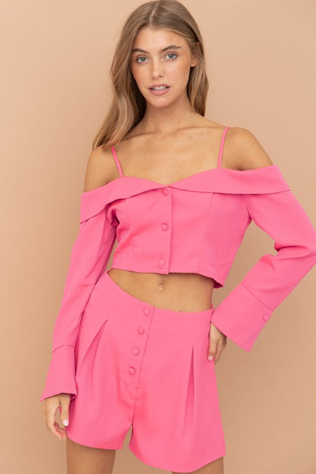 Pink Off Shoulder Top & Shorts Set