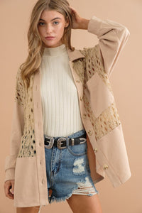 Beige Lace Contrast French Terry Shirt Jacket