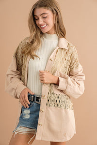 Beige Lace Contrast French Terry Shirt Jacket