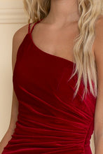 Red One Shoulder Pleated Side Velvet Dress