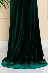 Emerald Green One Shoulder Pleated Side Velvet Dress