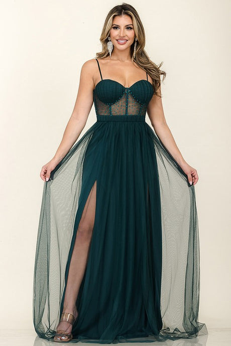 Emerald Embellished Tulle Two Slits Maxi Dress