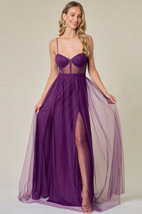 Dark Purple Embellished Tulle Two Slits Maxi Dress