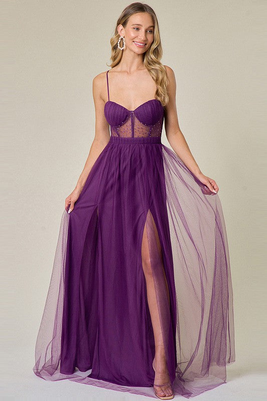 Dark Purple Embellished Tulle Two Slits Maxi Dress Aquarius Brand Dark Purple Embellished Tulle Two Slits Maxi Dress Aquarius Brand