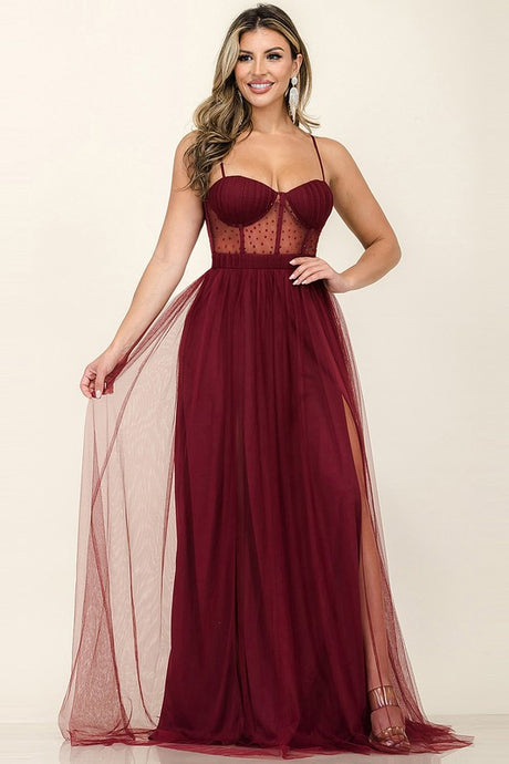 Red Embellished Tulle Two Slits Maxi Dress