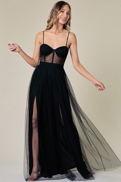 Black Embellished Tulle Two Slits Maxi Dress