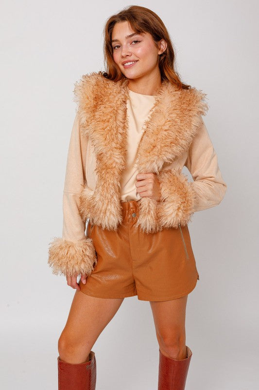 Tan Faux Fur Trim Short Jacket