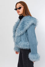 Dusty Blue Faux Fur Trim Short Jacket