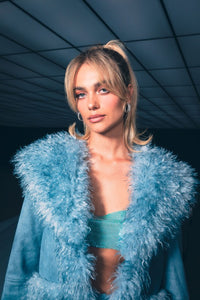 Dusty Blue Faux Fur Trim Short Jacket