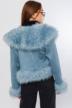 Dusty Blue Faux Fur Trim Short Jacket