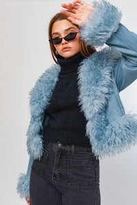 Dusty Blue Faux Fur Trim Short Jacket
