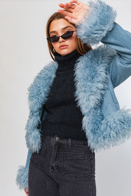 Dusty Blue Faux Fur Trim Short Jacket