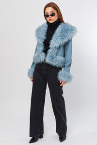 Dusty Blue Faux Fur Trim Short Jacket