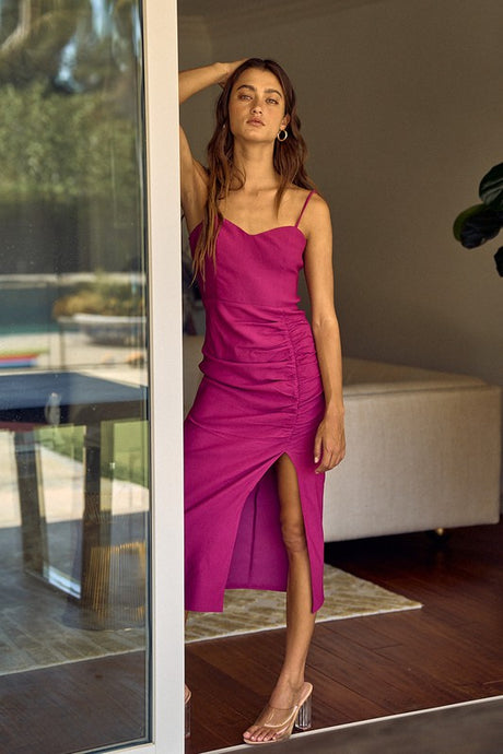 Magenta Sweetheart Neck Side Ruching Dress