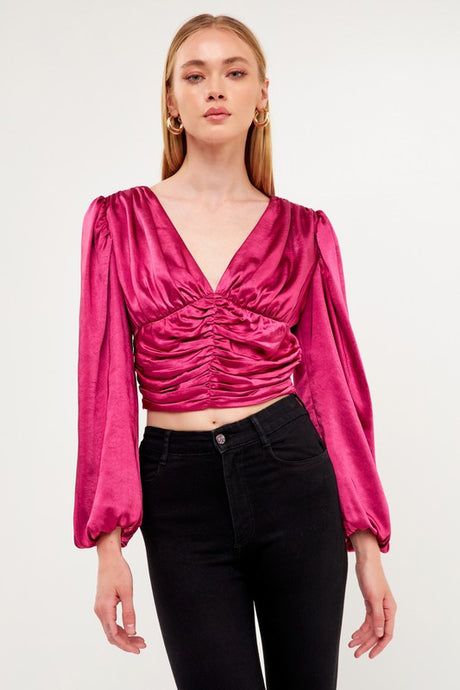Berry Back Tie Satin Ruched Blouse
