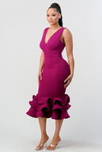 Magenta Plunging 3-tier Ruffle-hem Dress