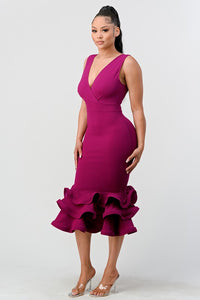 Magenta Plunging 3-tier Ruffle-hem Dress