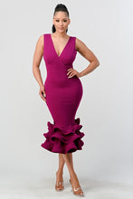 Magenta Plunging 3-tier Ruffle-hem Dress