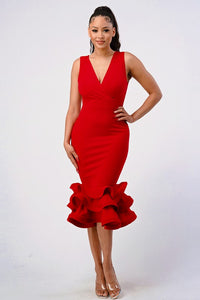 Red Plunging 3-tier Ruffle-hem Dress