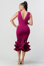 Magenta Plunging 3-tier Ruffle-hem Dress